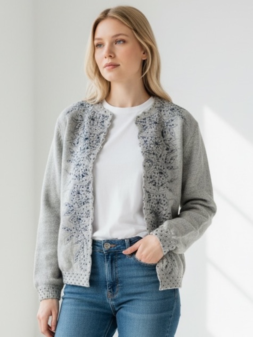 Vintage Grey Flowers & Bead Bomber Jacket Sweater Medium